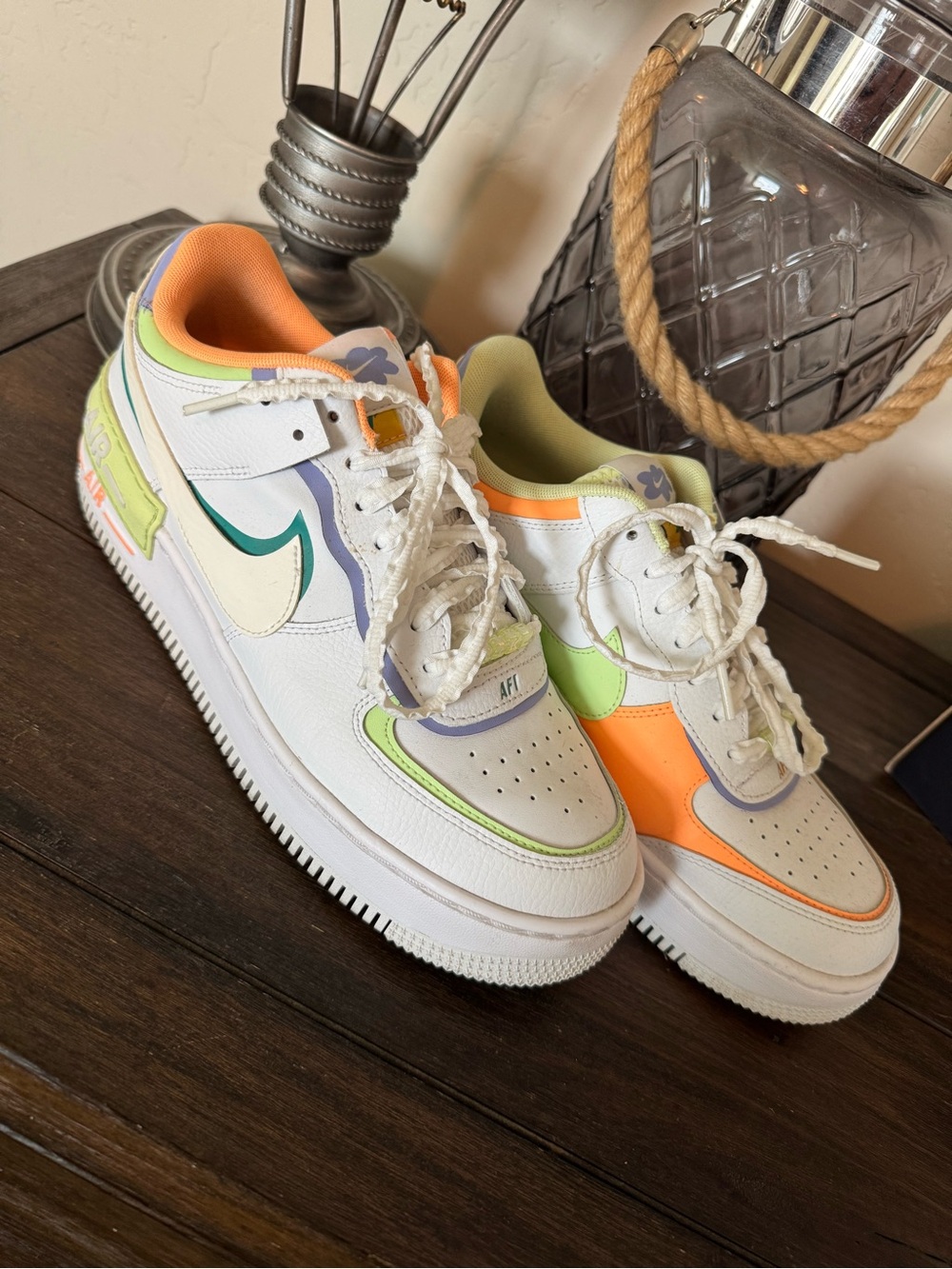 Nike White Sneakers with Orange, Lime Green and Lavender Accents